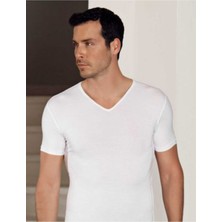 Hmd 712 Derin V Yaka Kısa Kollu Likralı T-Shirt - Beyaz