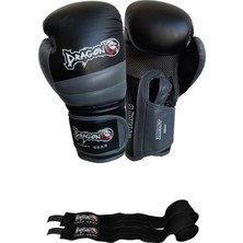 Dragon Attack 6 Boks Eldiveni Kick Boks Muay Thai Boks Eldiveni ve Bandaj Siyah Renk 2'li Set