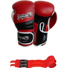 Dragon Attack 6 Boks Eldiveni Kick Boks Muay Thai Boks Eldiveni ve Bandaj Kırmızı Renk 2'li Set