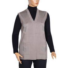 Hesna Hesna, Nida Omuzu Cebi Taşlı Fitilli Triko Taş Rengi Yelek