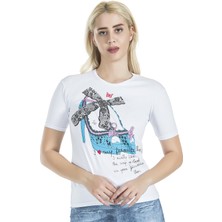 Derya Kurşun Baskılı Kadın Beyaz T-Shirt 275