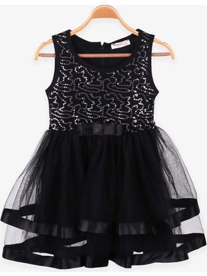 Breeze Kız Çocuk Elbise Fiyonklu Tüllü Pullu Siyah (5-10 Yaş)