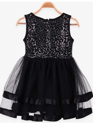 Breeze Kız Çocuk Elbise Fiyonklu Tüllü Pullu Siyah (5-10 Yaş)