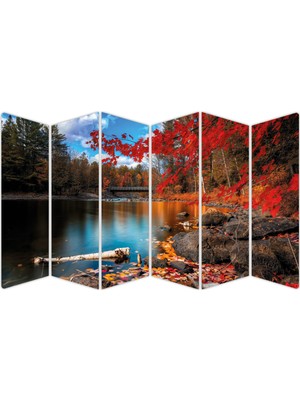 Renkselart Sonbahar Ağaçlar Yapraklar Göl Köprü Mdf TABLO-0654 Model-B