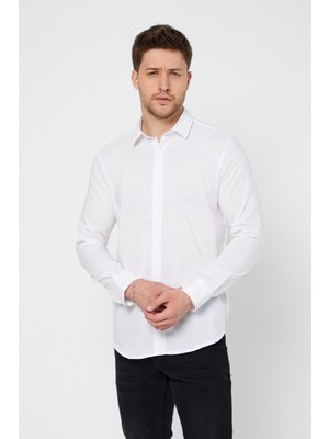 Tarz Cool Erkek Beyaz Düz Slim Fit Gömlek-Dzgmlekkr02S
