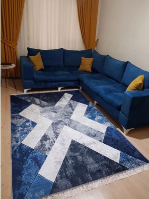 STY Home Vera Kaymaztabanlı Yıkanabilir Halı Kilim Yolluk Dijital Baskı Mavi Gri