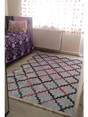 STY Home Vintage Renkli Kaymaztabanlı Yıkanabilir Halı Kilim Yolluk Dijital Baskı Renkli Gri