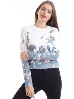 Self Clothing Kadın Beyaz Çiçek Desenli Yarım Crop Sweatshirt