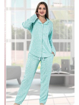 Pijamoni Çiçek Desenli Kadın Pijama Takımı 5590-14 Mavi-Beyaz Mavi/beyaz - S