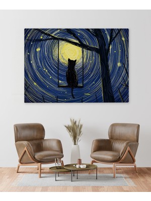 Bk Gift Ay Işığının Büyüsüne Kapılan Salıncaktaki Kedi Tasarımlı Kanvas Tablo 50X70CM