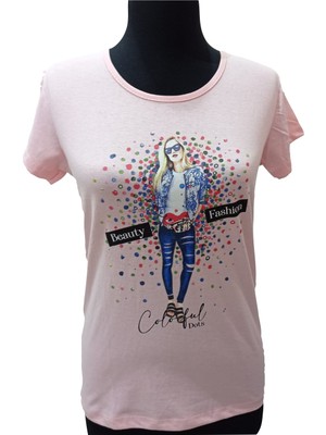 Zy Plus Pudra Kız Baskılı Kısa Kollu T-Shirt