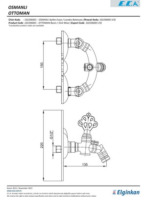 E.C.A Eca Osmanlı Eviye / Lavabo Bataryası Duvardan (Aplike) Antik Sarı 102206001