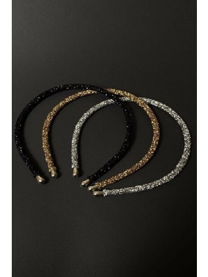 Yeşim Aksesuar Kadın Siyah Altın ve Gümüş Renk Kristal 3'lü Işıltılı Günlük Kullanıma Uygun Taç Seti