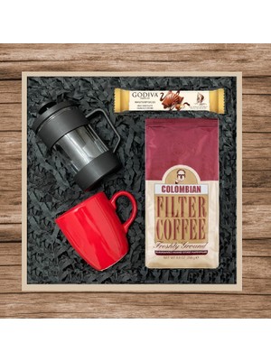 Kurukahveci Mehmet Efendi  Colombian 250 gr & Siyah French Press & Kırmızı Kupa Bardak & Godiva Çikolata Hediye Seti