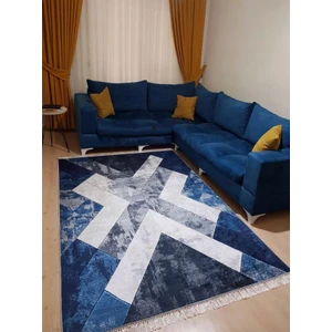 STY Home Vera Kaymaztabanlı Yıkanabilir Halı Kilim Yolluk Dijital Baskı Mavi Gri