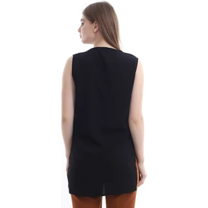 Self Clothing Kadın Siyah V Yaka Cep ve Yırtmaç Detaylı