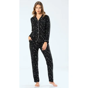 3327 Kadın Yıldızlı Uzun Kollu Gömlek Yaka Pijama Takım - Siyah