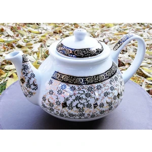 Çetin Çini Seramik Kütahya Porselen Siyah Haliç Desenli Altın Yaldızlı Demlik