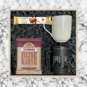 Kurukahveci Mehmet Efendi  Colombian 80 gr & Siyah French Press & Beyaz Kupa Bardak & Godiva Çikolata  Seti