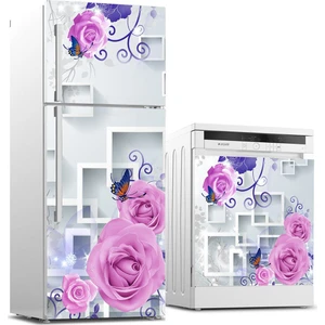Buzdolabı ve Bulaşık Makinası Sticker Kaplama Etiketi Mor Gül ve Çiçekler
