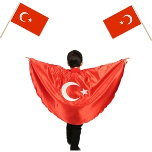 Masho Trend Ay Yıldız Çocuk Pelerini + Bayrak - 23 Nisan Ay Yıldızlı Çocuk Pelerin- Ayyıldız Gösteri Pelerini