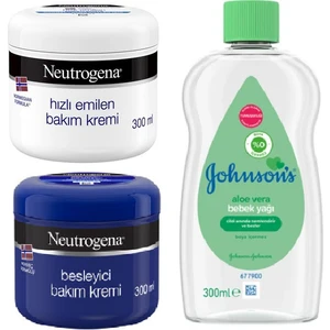 Besleyici El Kremi 300 ml + Neutrogena Hızlı Emilen Bakım Kremi 300 ml + Johnson's Aloe Vera Bebek Yağı 300 ml Bakım Seti
