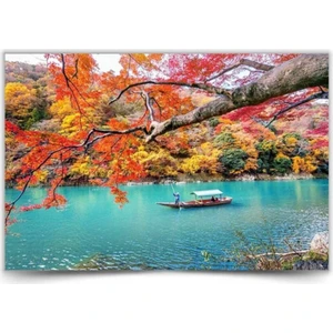 Göl Kenarı Orman Sonbahar Manzaralı Kanvas Tablo (45X72 Cm)