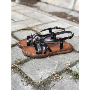 Bodrum Siyah Gerçek Deri Kadın Sandalet