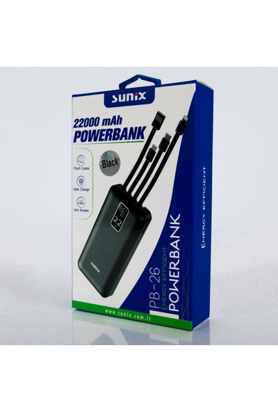 Sunix PB26 Type-C Çıkışlı LED Göstergeli Powerbank 22000MAH Siyah