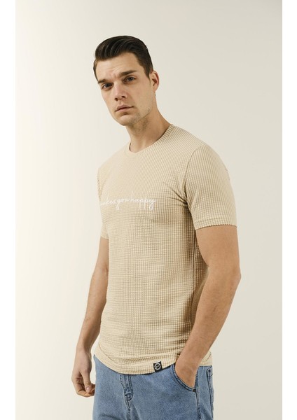 Sheldon Çizgili Örgü Yazı Detaylı Bisiklet Yaka Erkek Slim Fit Basic Tshirt