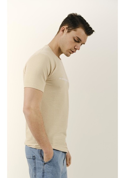 Sheldon Çizgili Örgü Yazı Detaylı Bisiklet Yaka Erkek Slim Fit Basic Tshirt modelleri