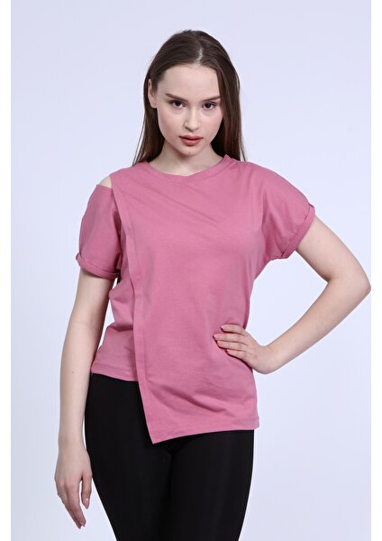 Kadın Pembe Tek Omuz Açık Asimetrik Kesim Double Kol T-Shirt