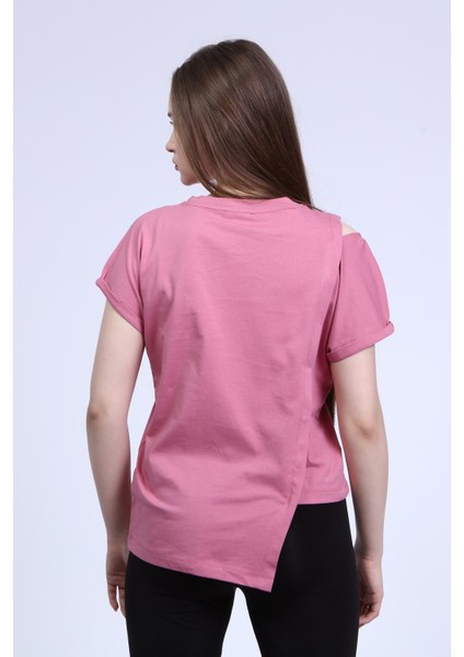 Kadın Pembe Tek Omuz Açık Asimetrik Kesim Double Kol T-Shirt