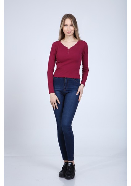 Kadın Mürdüm Yakası Çıtçıt Detaylı Uzun Kol T-Shirt modelleri