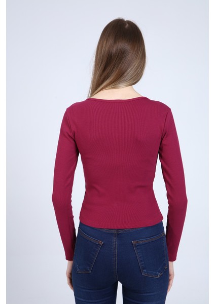 Kadın Mürdüm Yakası Çıtçıt Detaylı Uzun Kol T-Shirt indirimleri