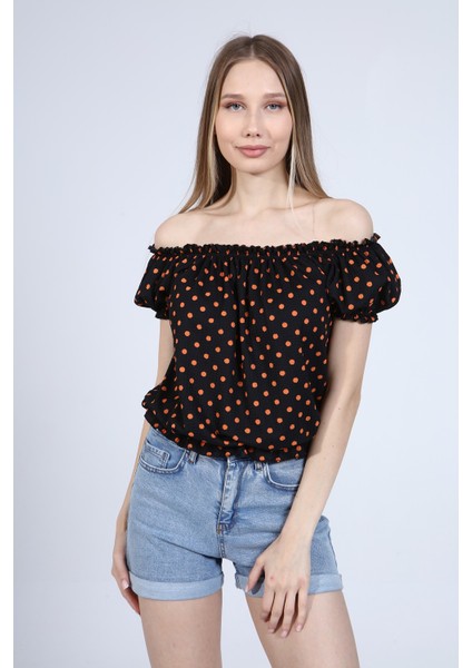 Kadın Siyah Madonna Yaka Beli Lastikli Bluz