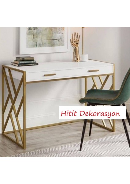 Hitit Dekorasyon Zeron Gold Metal Çekmeceli Ahşap Çalışma Masası