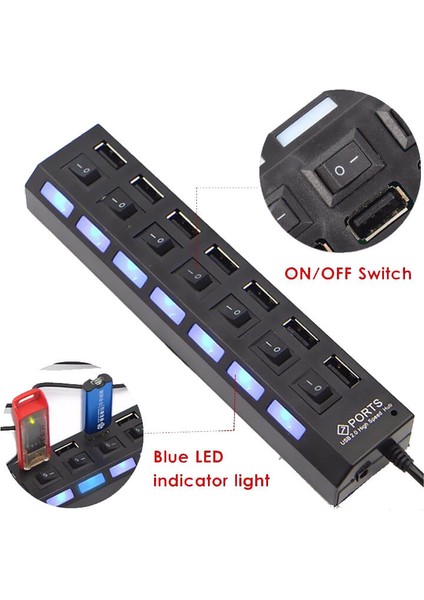 7 Port USB Hub Çoklayıcı Adaptörlü On / Off Anahtarlı Ledli