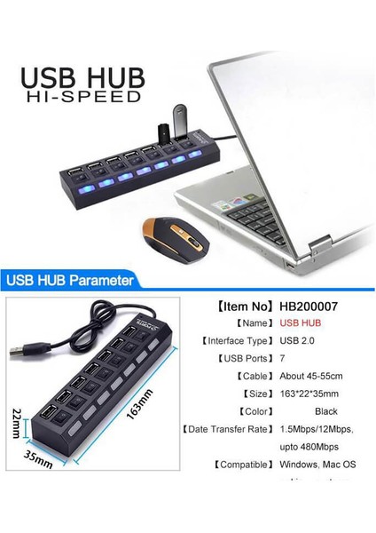 7 Port USB Hub Çoklayıcı Adaptörlü On / Off Anahtarlı Ledli