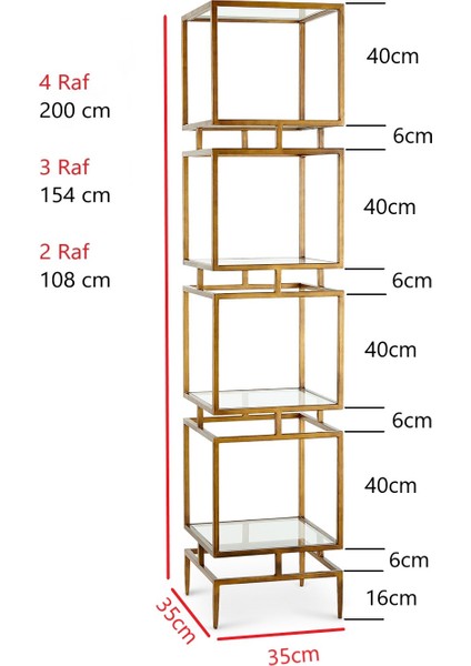 Olope Pirinç Eskitme Metal 3 Raflı Kitaplık Çiçeklik Gümüşlük Duvar Rafı