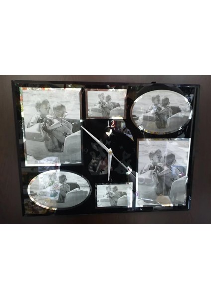 Duvar Saati Pano Foto 45*34CM Çerçeve 6 Resimlik Cats Siyah Saatli Çerçeve