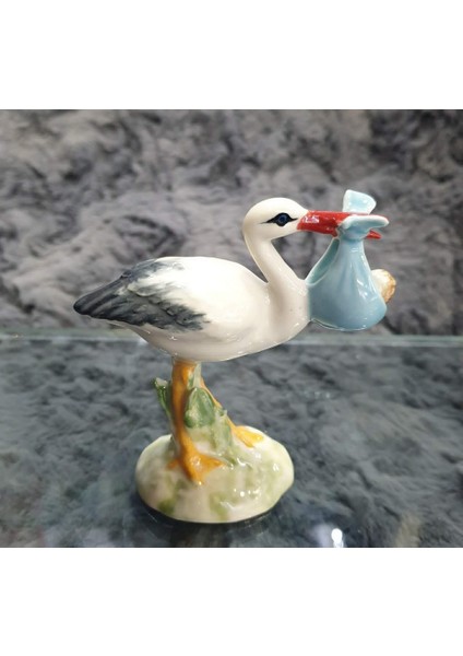 El Boyaması Porselen Leylek Bebekli Mavi Kundaklı , Koleksiyon Ürünü