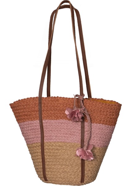 Çok Renkli Hasır Dokulu Çift Askılı Kadın Plaj Çantası