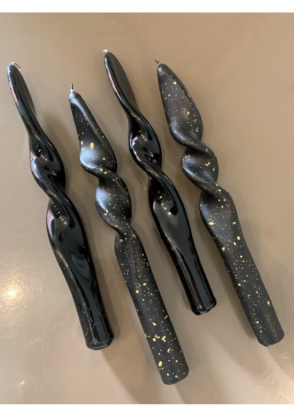4 Lü Set Siyah - Siyah Altın Yaldız Burgulu Şamdan Mum