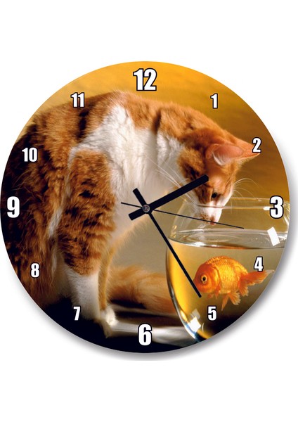 Cakatablo Fanustaki Balık ve Izleyen Kedi Duvar Saati
