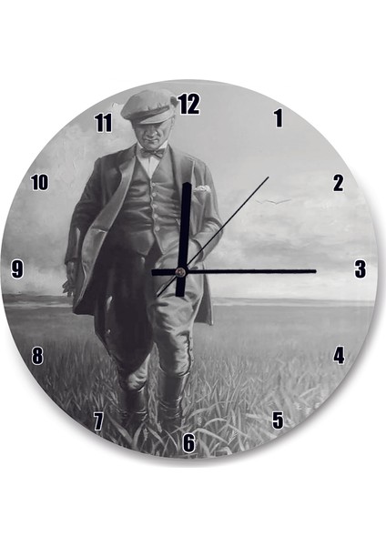 Cakatablo Siyah Beyaz Buğday Tarlasındaki Atatürk Duvar Saati