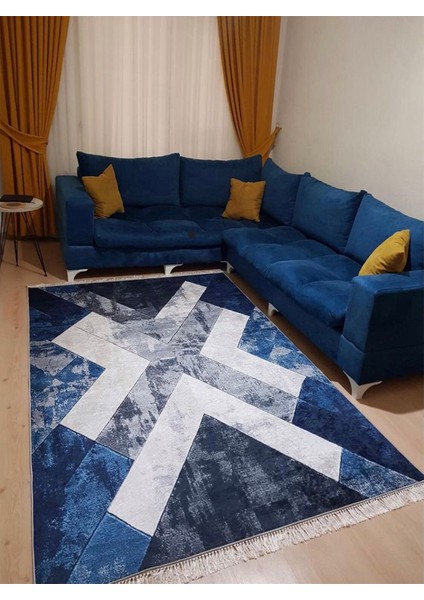 Vera Kaymaztabanlı Yıkanabilir Halı Kilim Yolluk Dijital Baskı Mavi Gri