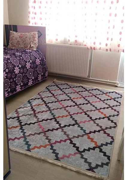 Vintage Renkli Kaymaztabanlı Yıkanabilir Halı Kilim Yolluk Dijital Baskı Renkli Gri