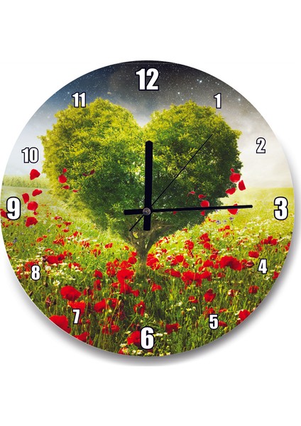 Cakatablo Gelincik Tarlası Kalp Şeklinde Ağaç Duvar Saati