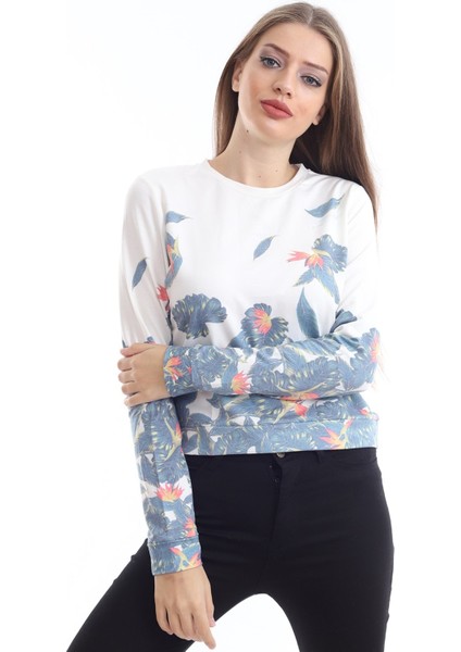 Kadın Beyaz Çiçek Desenli Yarım Crop Sweatshirt